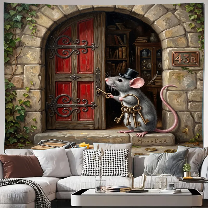 Decorative Sheer Curtain Backdrop Art Panel Gothic Academia Style Mystery Mouse Print Room Divider Window House Wall Hanging Tap