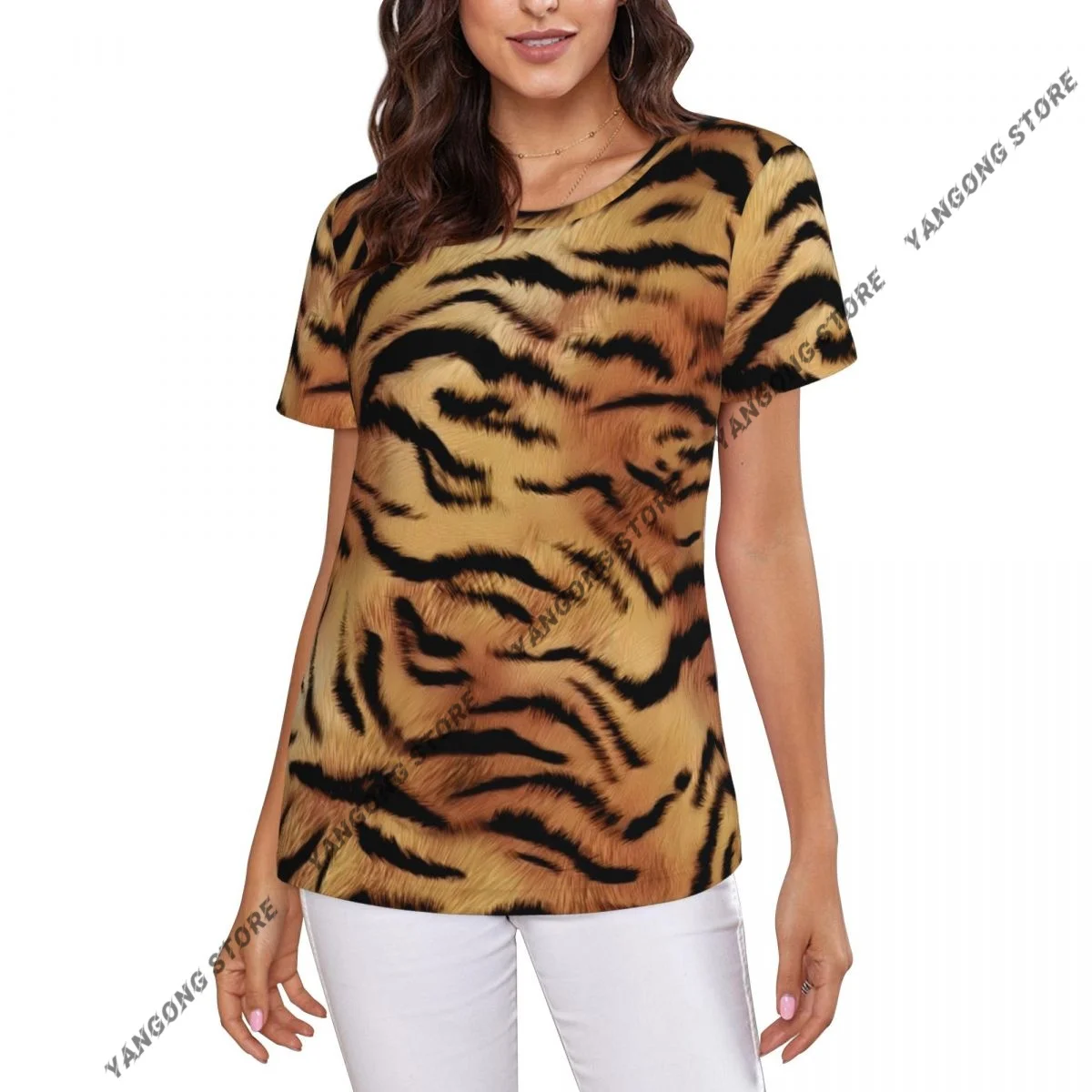 Women's T-shirt Tiger Skin Stripe Tshirt Women Casual O-Neck Short Sleeve Tops Tees Clothing