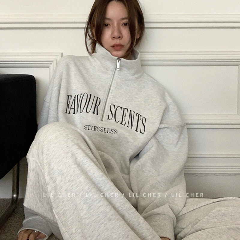 Womens Grey Hoodie Sweatshirt Long Sleeve Korean Fashion Baggy American Style Letter Printing Casual Female Tops Pullover Hoodie