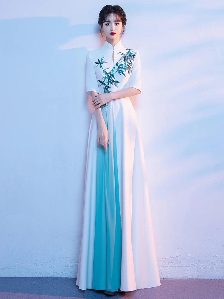 

Новое женское длинное платье Ele White в китайском стиле для хоровых выступлений, винтажное, с вышивкой, А-силуэт, для соревнований