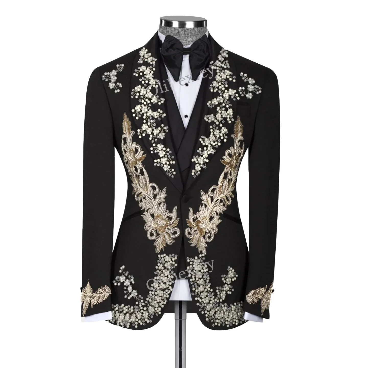

Luxury Floral Embroidered Man Suit 2 Piece Sets Beaded Crystals One Button Slim Fit Tuxedos Wedding Groom Business Prom