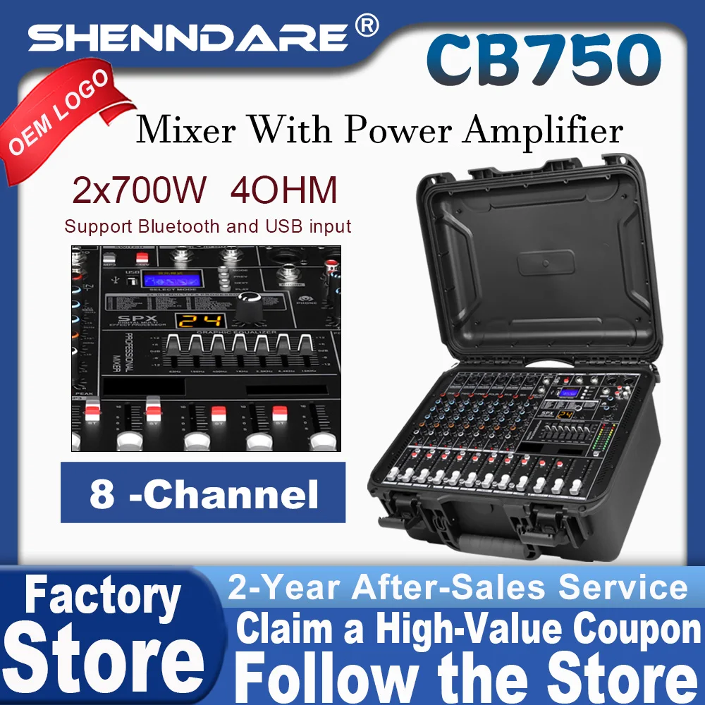 

SenMicre CB750 Professional Mixing Console with Power Amplifier 2x750W 4OHM 8 Channel DJ Audio Mixer Wth Preamplifier 7-Band EQ