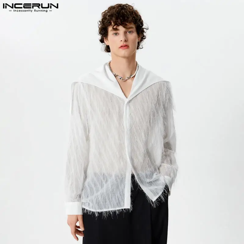 

Handsome Well Fitting Tops INCERUN New Mens See-through Tassel Mesh Shirts Fashion Sexy Thin Patchwork Long Sleeved Blouse S-5XL