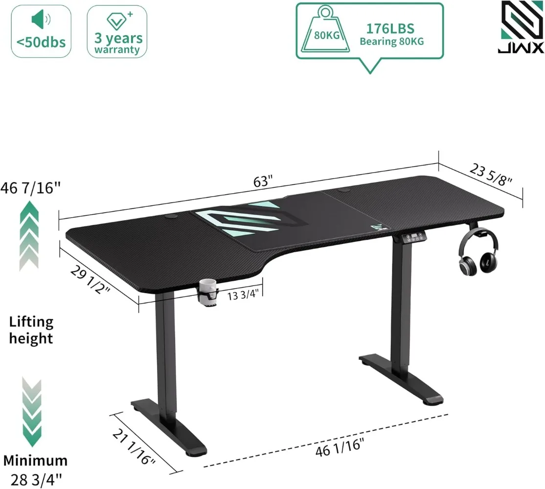 JWX L Shaped Electric Standing Desk, 63 Inches Stand Up Corner Desk, Home Office Sit Stand Desk with Carbon Firben Top, Black