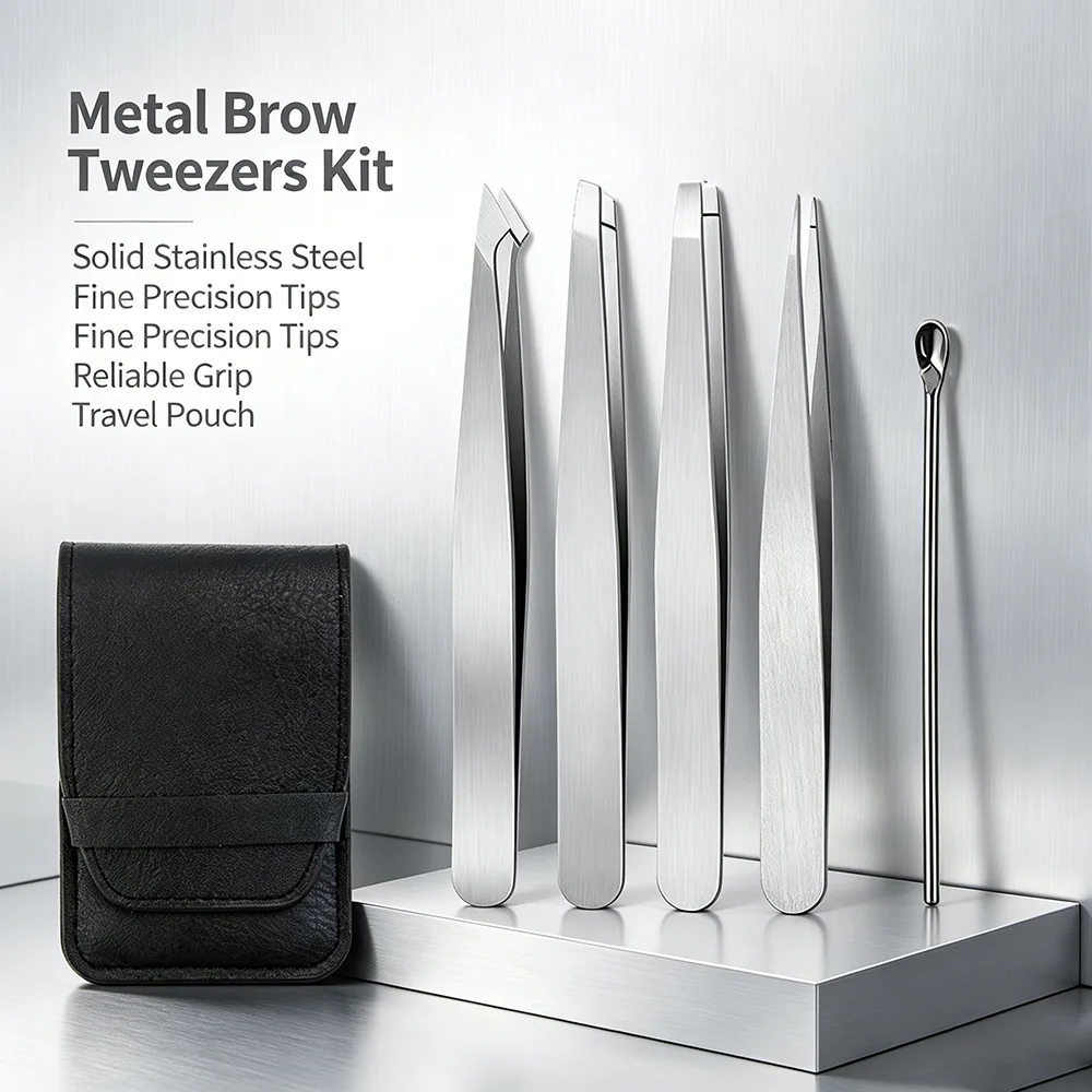 Salon Eyebrow Tweezers Collection, Multi Shape Tweezers and Ear Wax Spoon, Mini Leather Storage Bag for Household Beauty