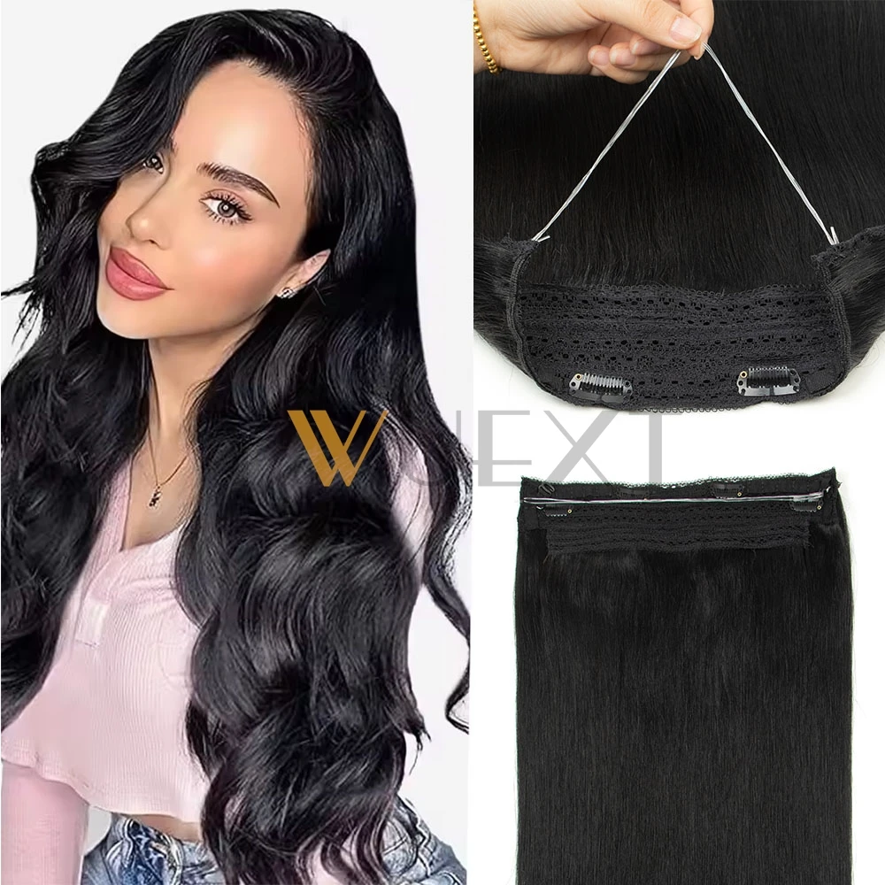 

Fish Line Hair Extensions Human Hair 12"-22" Invisible Wire In Human Hair Extensions with Clips On Weft Hair For Women 60-100g