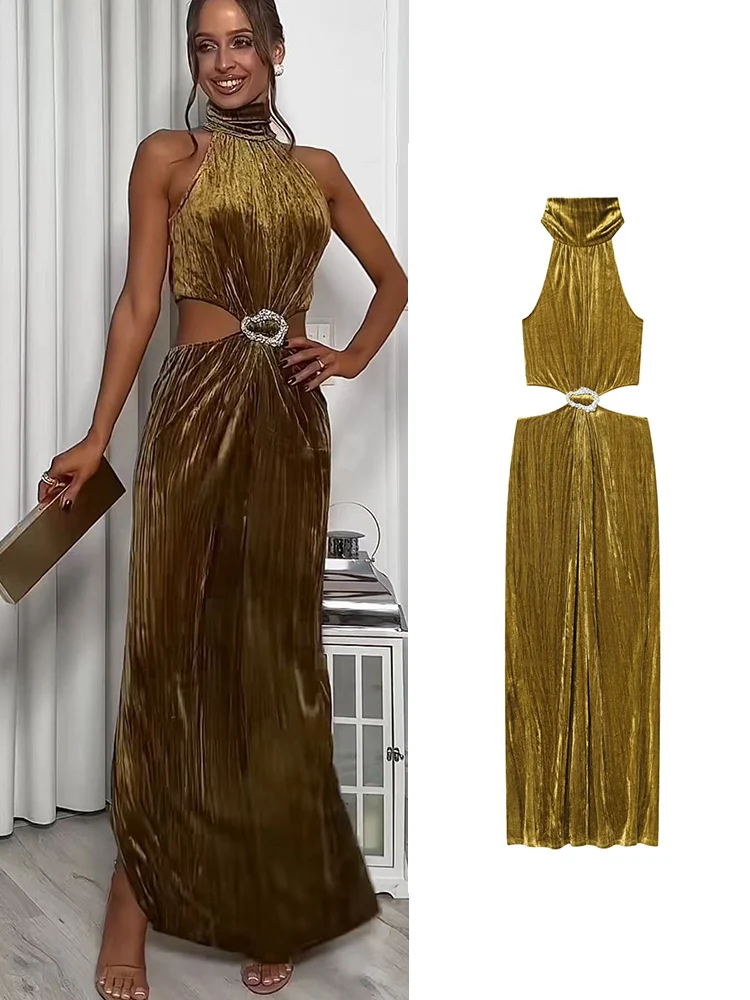 TFMLN 2026 Nowa Damska Sukienka z Dekoltem typu Halter Elegancka Modna Bez Rękawów z Wycięciami Wyszczuplająca Sukienka na Imprezę Długa Sukienka Damska Seksowna Sukienka Wieczorowa