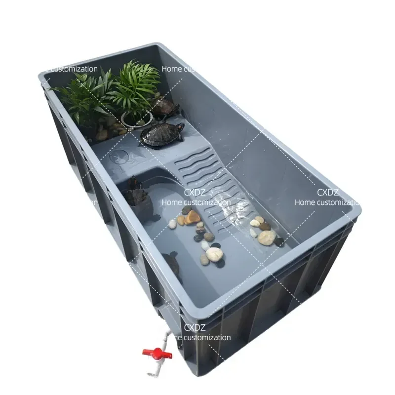 SS Integrated Turtle Tank with Terrace Climbing Amphibious Feeding Box Large Household Basin for Villa Pet Tortoise Habitat
