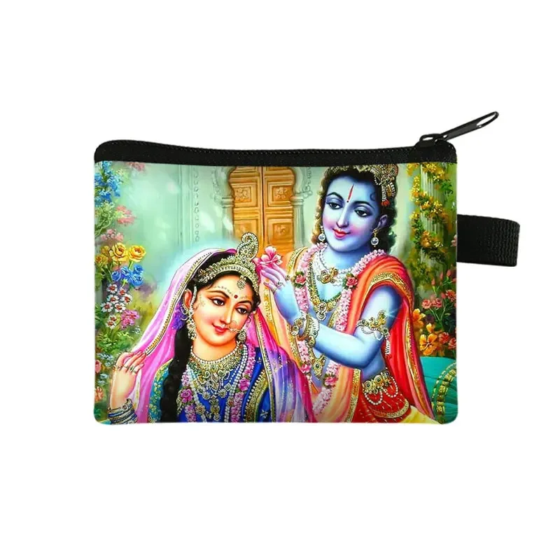 Indian Gods Radha Krishna Print Coin Purse Ganesha Ganapati Money Coin Bag Elephant God Credit Card Holder Small Wallet Gift