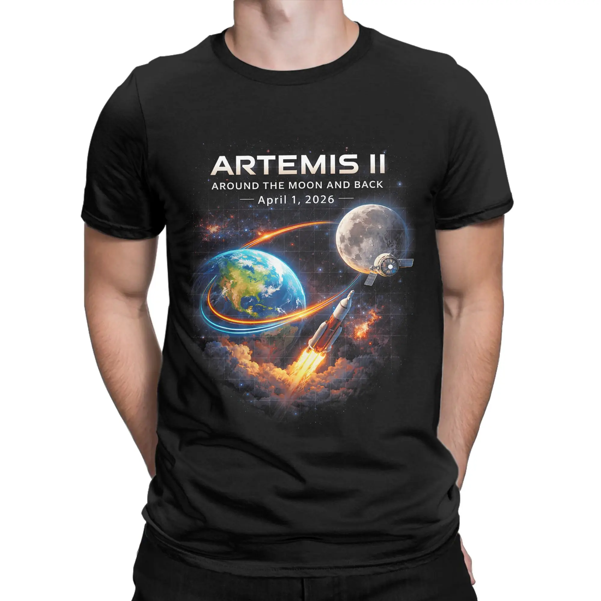 Men T-Shirt Artemis II Rocket Space Launch Back To The Moon Mission Cotton Tee Shirt Short Sleeve T Shirt Round Neck Clothes
