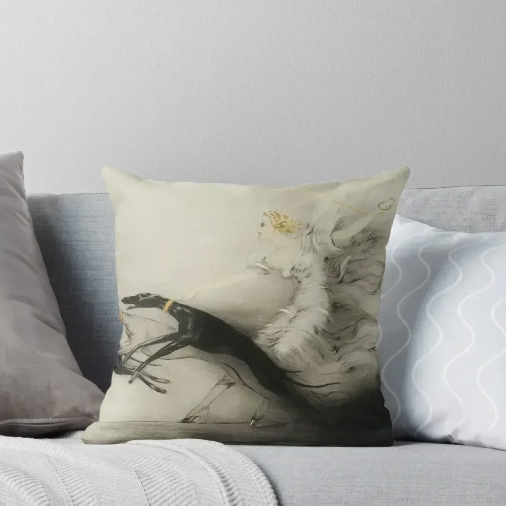 

Vintage Art Deco illustration, woman walking her greyhound dogs Throw Pillow Marble Cushion Cover Decorative Sofa Cushion pillow