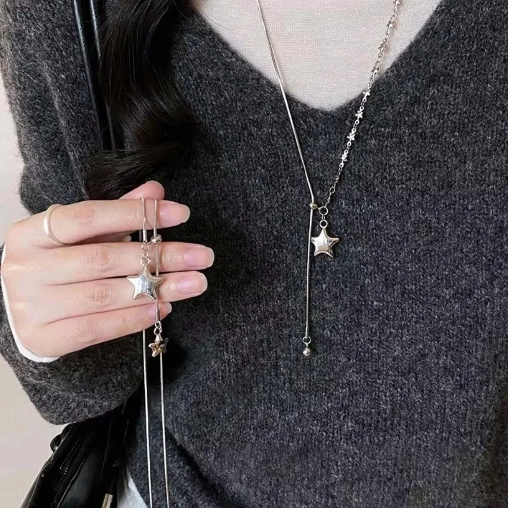 Silver Star Pendant Necklace Long Length Asymmetrical Design Sweater Chain Necklace Pendant Style Tassel Detail