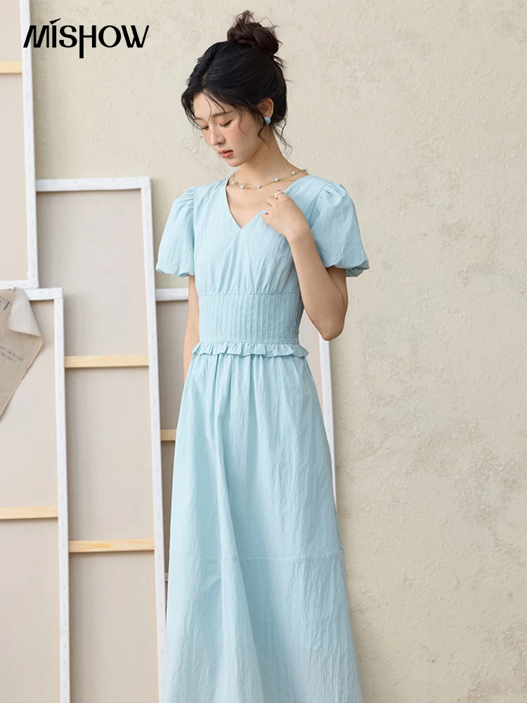 

MISHOW French Summer Dresses Women 2025 New Short Puff Sleeve V-neck Solid Cotton Blended Dress Female Slimming MXE34L2288