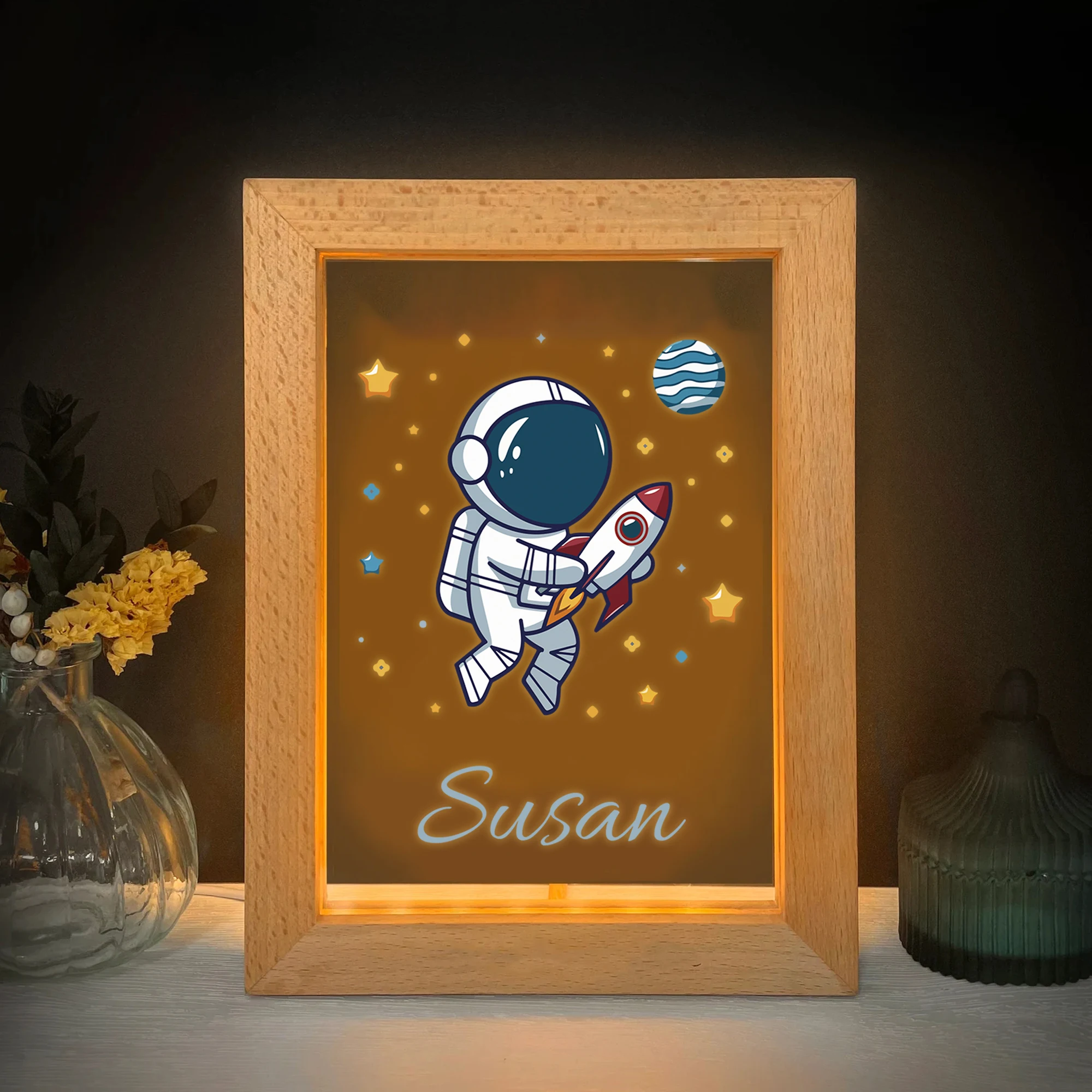 Nome personalizado astronauta foguete led acrílico luz noturna moldura de madeira 21x17cm dos desenhos animados crianças quarto presentes decoração para casa presente