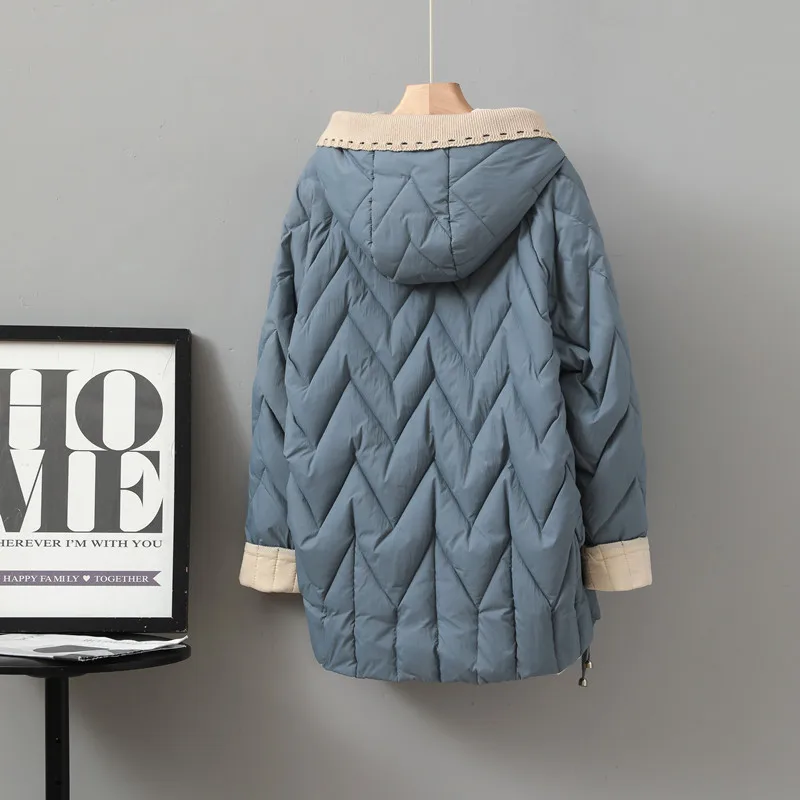 Chaqueta gruesa de plumón de pato para mujer, Parkas de punto de un solo pecho con capucha, Abrigo acolchado de invierno