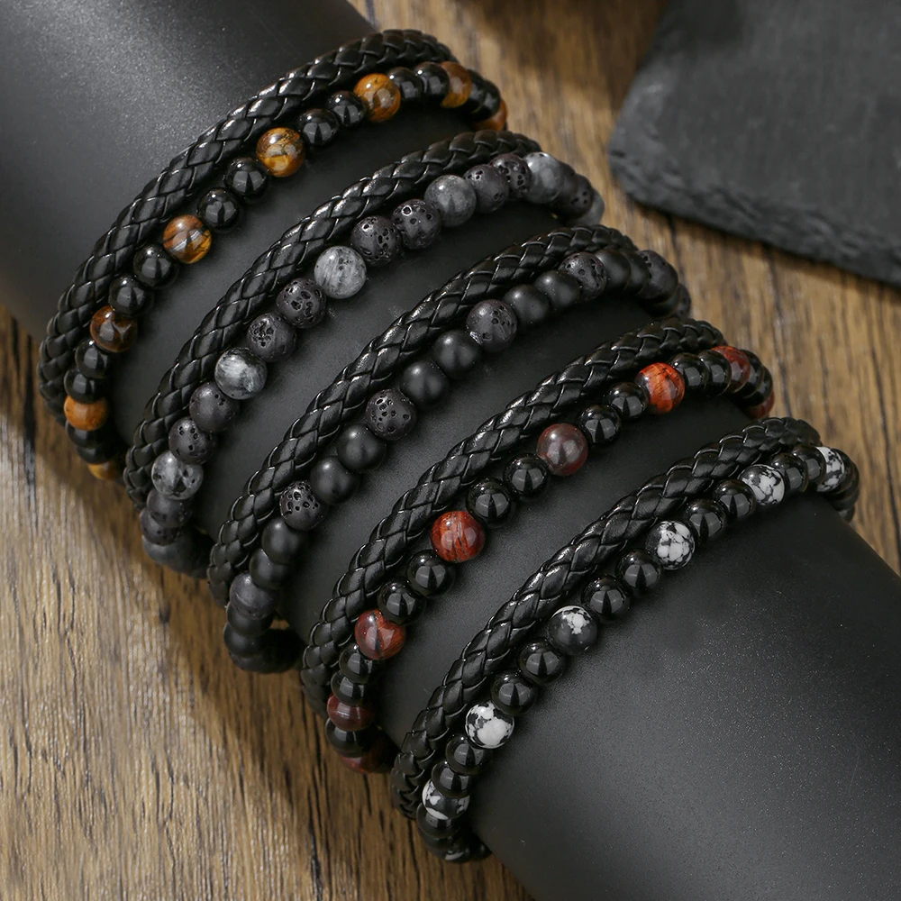 

NADEEM Fashion PU Leather Beaded Bracelet Set For Men Trendy Volcanic Stone Strand Bracelets Jewelry Wholesale Gifts