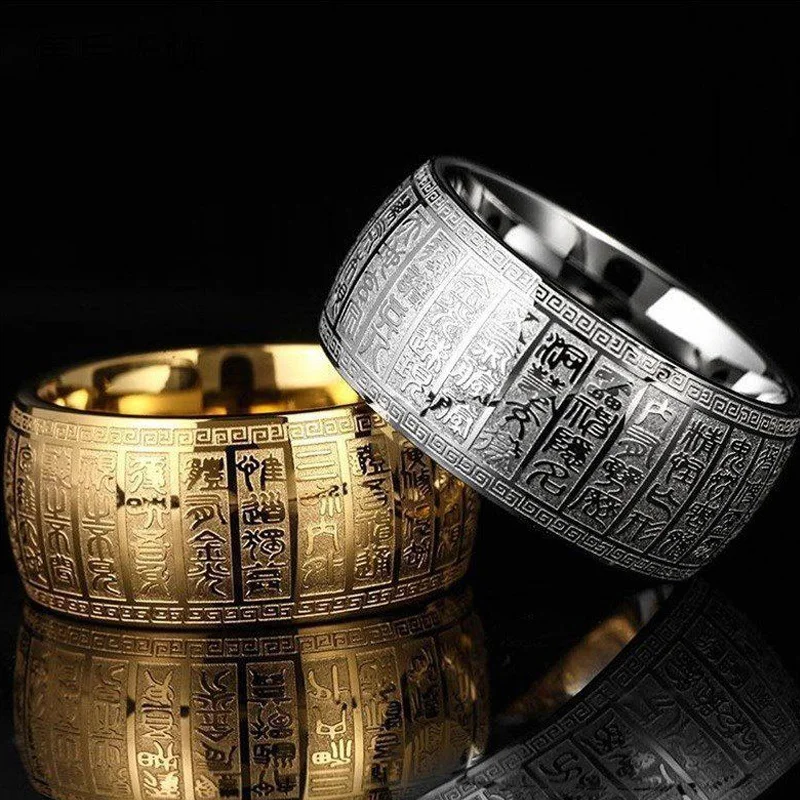 Men's Wide Supernatural Thumb Signet Ring Carved Ancient Chinese Buddha Scripture Rings For Men Solomon Taoism Metallica Ring