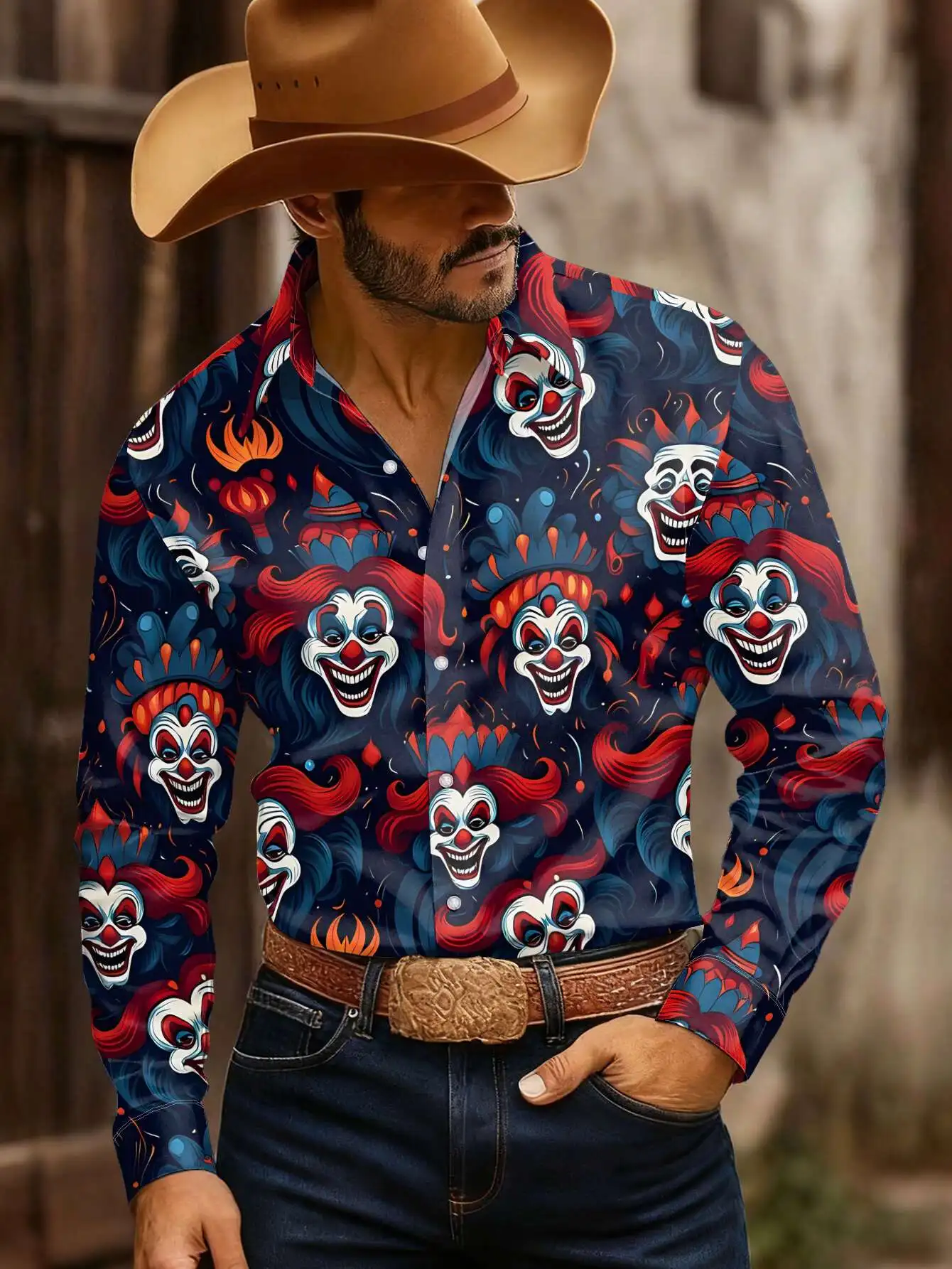 Men Long Sleeve Button Down Shirt Dark Blue Halloween Horror Clown Print Polyester Lapel Collar Party