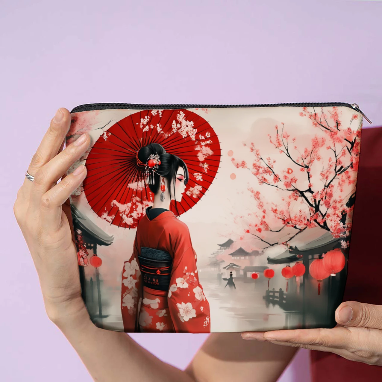 Japanese Printed Makeup Bag Lady with Red Umbrella Cherry Blossoms Traditional Oriental Aesthetics Spring Design Large Storage