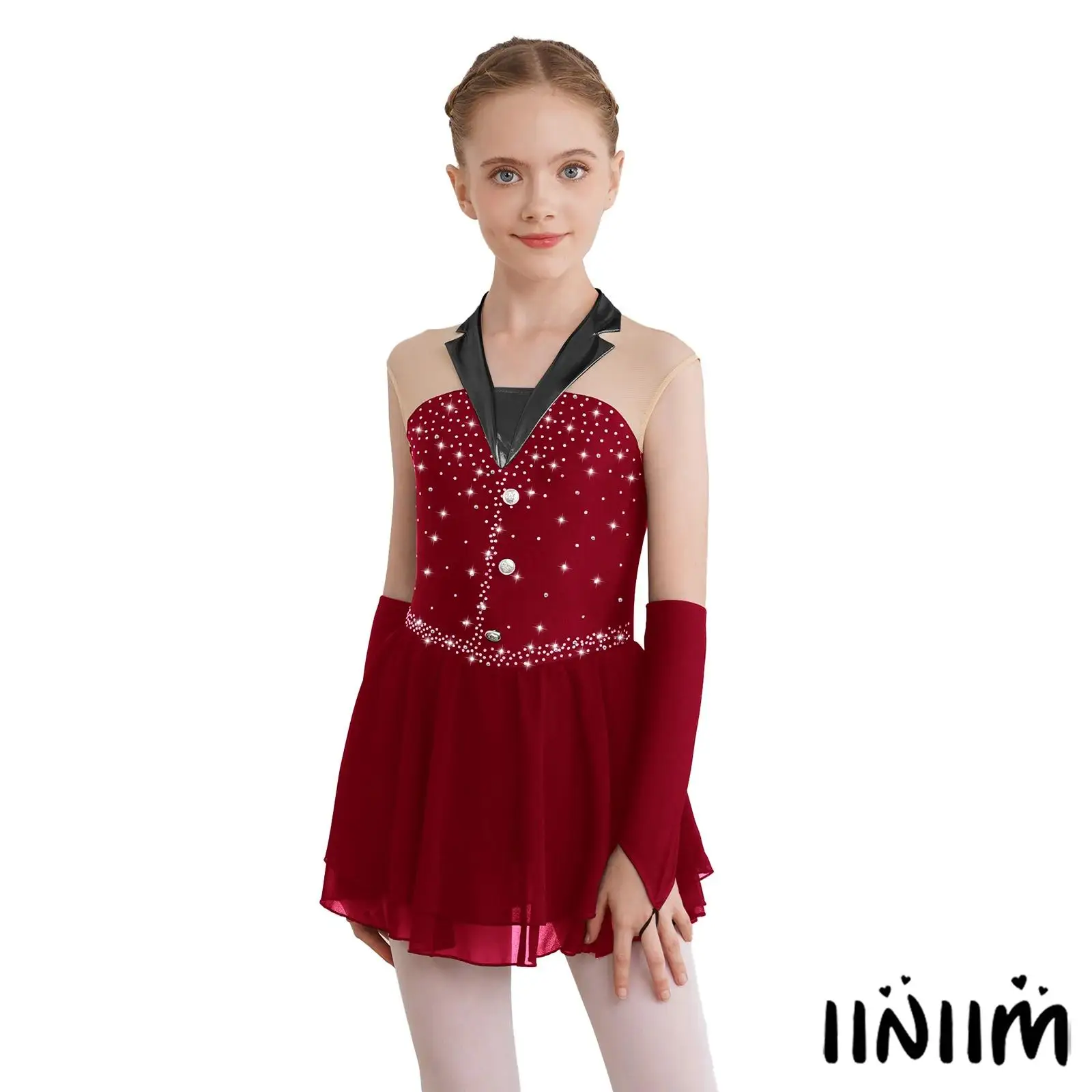 

Girls' Ballet Dance Dress Set Metallic Collar Rhinestones 2-Layer Chiffon Skirt with Fingerless Gloves for Figure Skating Wear