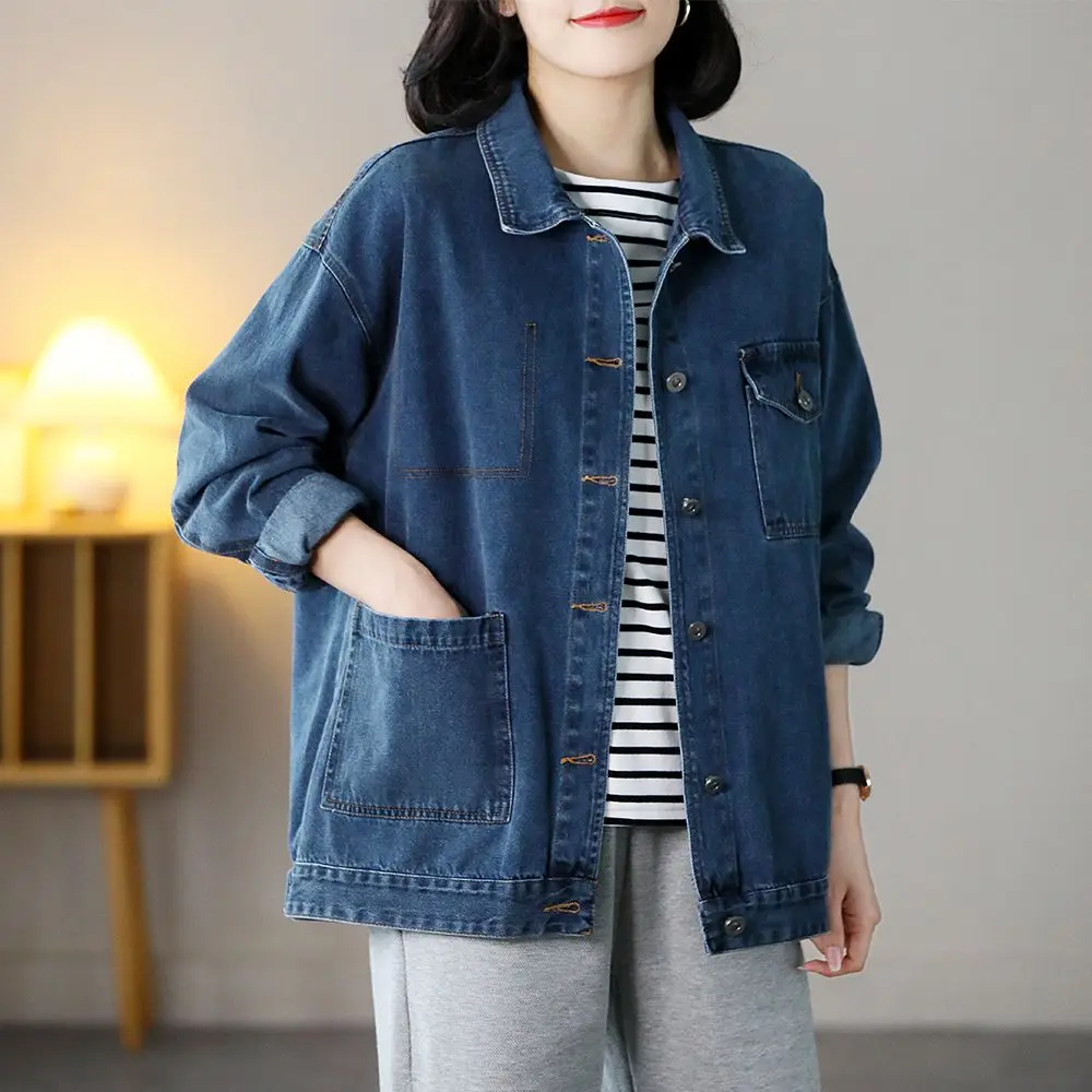 

Korean Lapel Denim Jacket Women Casual Single Breasted Coats Loose Blue Female Jeans Jackets