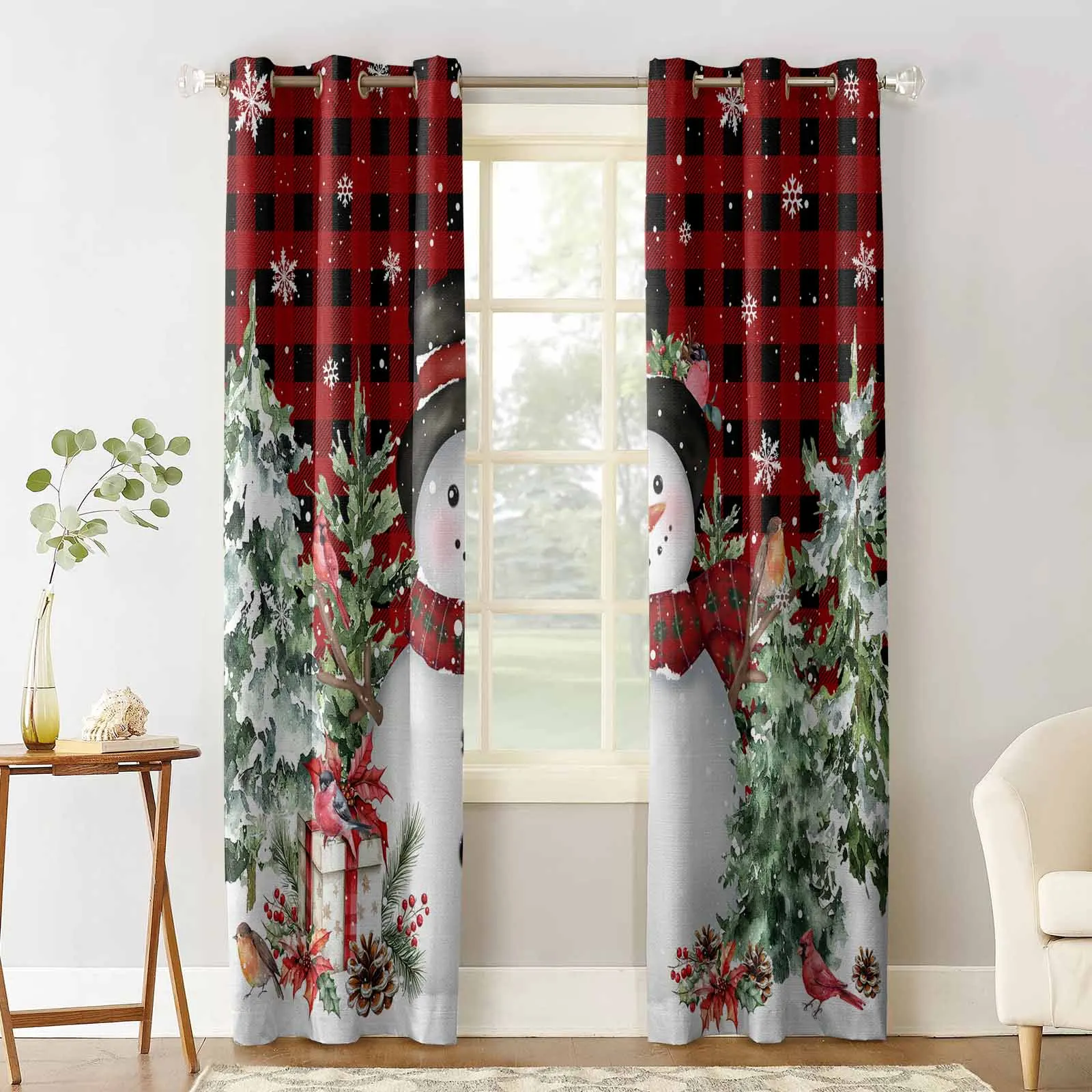 Snowman Christmas Tree Mockingbird Red Grid Living Room Bedroom Window Treatment Blinds Drapes Modern Kitchen Curtains