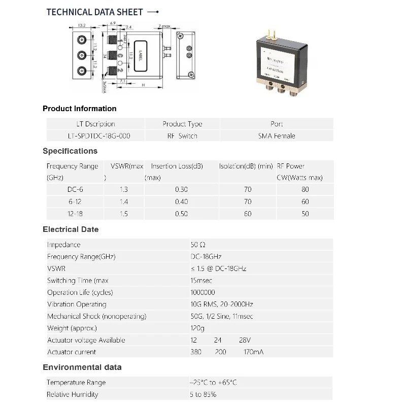 RF Coaxial Switch SMA SPDT 12V/24V Mechanical Relay Switch DC-18GHz for Electronic Components Market