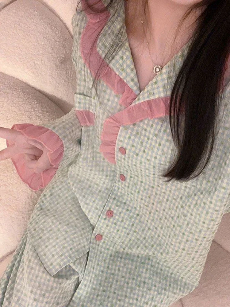 

Pajama Sets Women Comfortable Tie Dye Print Pattern Ins Single Breasted Korean Style Loose Leisure Home Long Sleeve Pocket Sweet