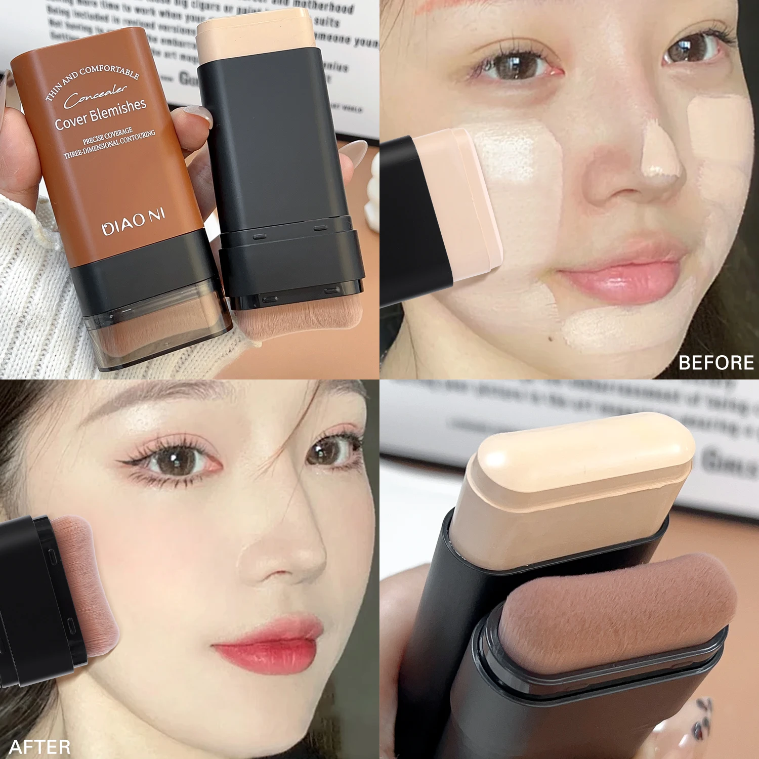 5colors Rubber Foundation Stick with Brush Velvet Lasting Oil-control Foundation Concealer Cream Lightweight Moist Face Makeup