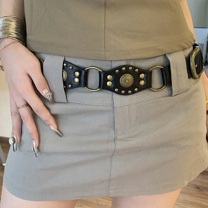 Vintage Circle Splicing Belts Cowboy Hollow PU Girdle Rivet  display picture 3