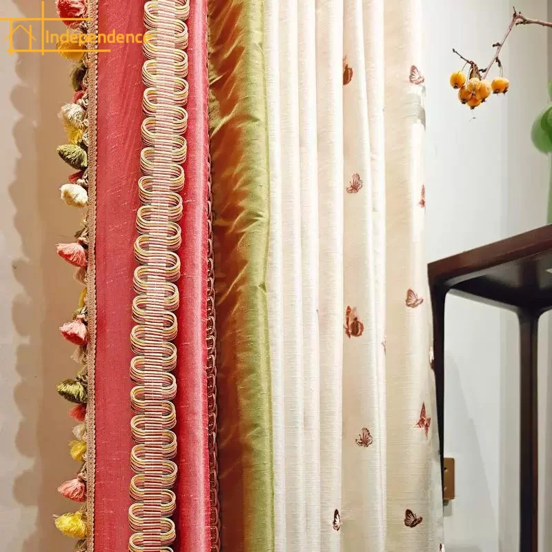 Retro Palace Princess Room Pink Embroidery Stitching Lace Curtains for Living Room Bedroom French Window Customized Finished