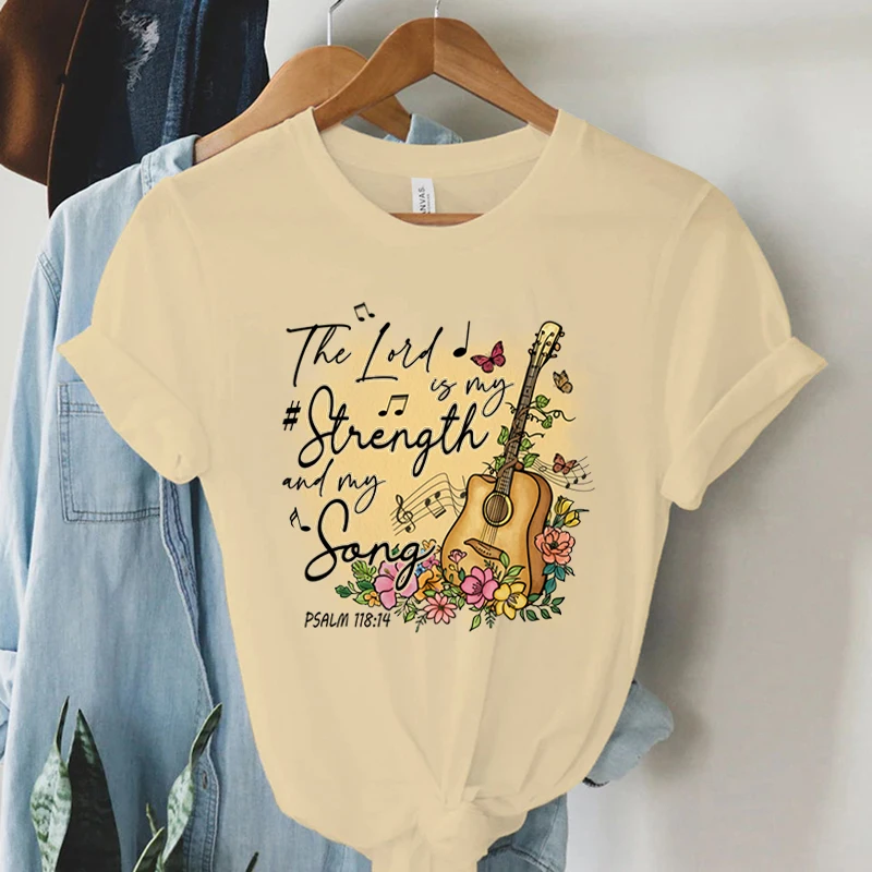 Women Vintage Boho Guitar Print Gospel Music T-Shirt Summer Christian Clothes Bible Verse God Worship Tshirt Religious Faith Tee