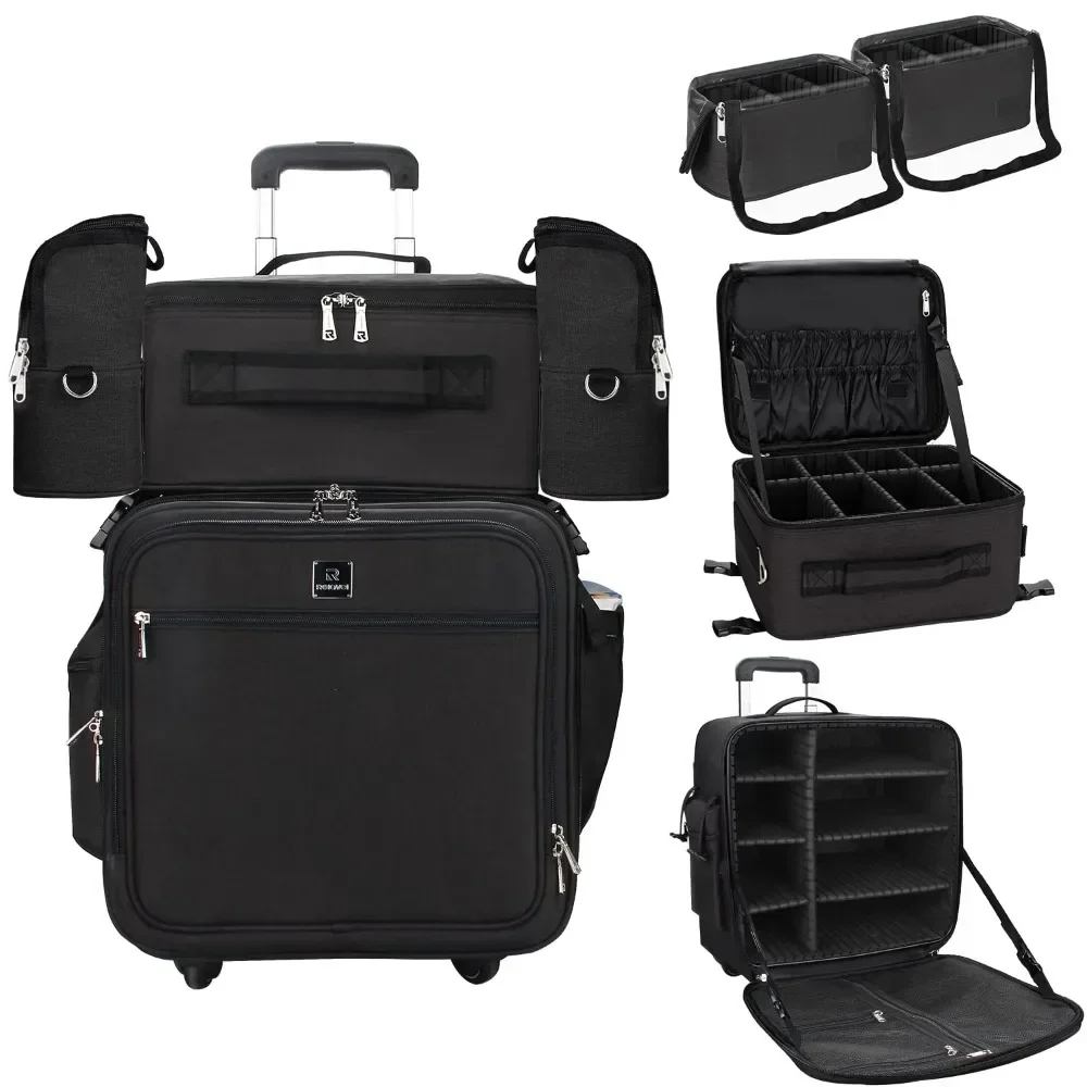 

Rolling Makeup Case Professional Makeup Train Case Artist Travel Organizer 4 in 1 with Dual Makeup Brush Case and Wheels