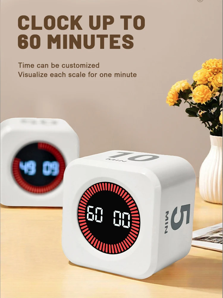 Visual Timer Productivity Cube Timer Gravity Sensor LED Display 4 Preset Time Kids Time Management Kitchen Countdown Timer