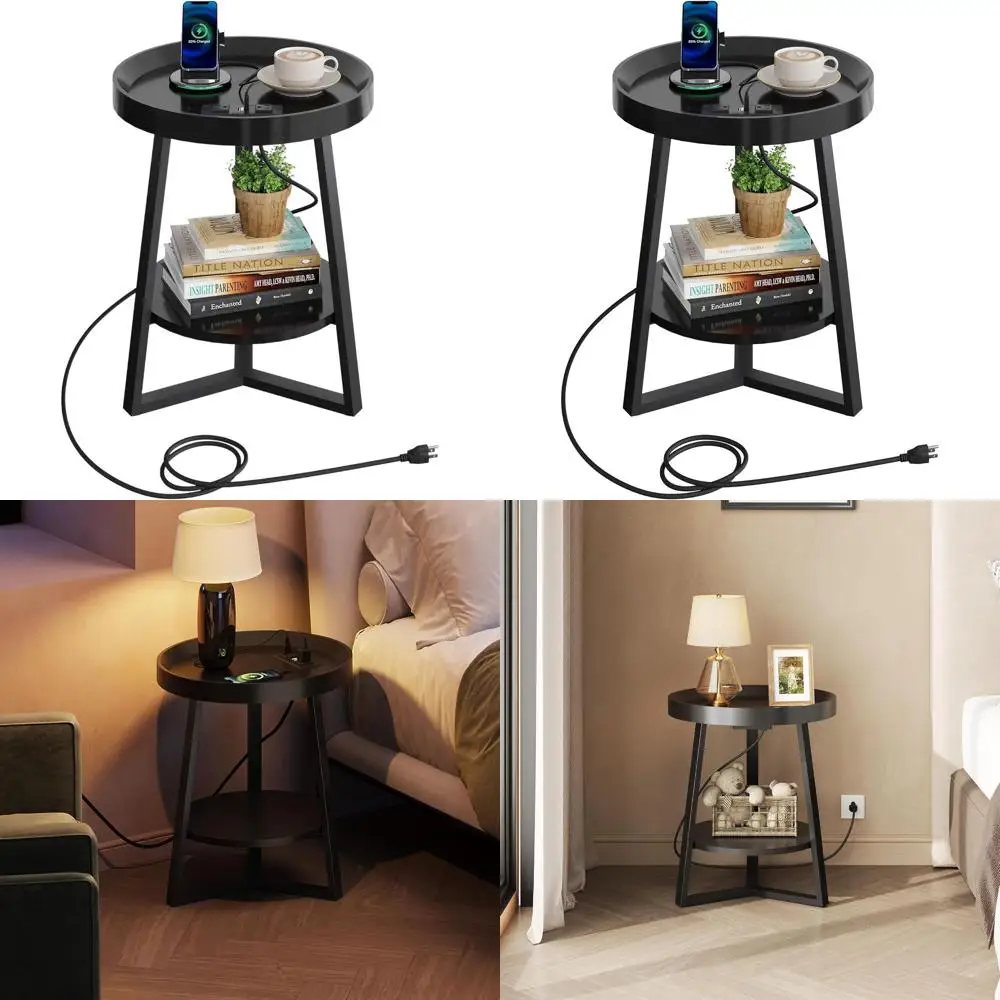 

Black Metal Frame Wood Top 2-Tier Charging Station Coffee Table