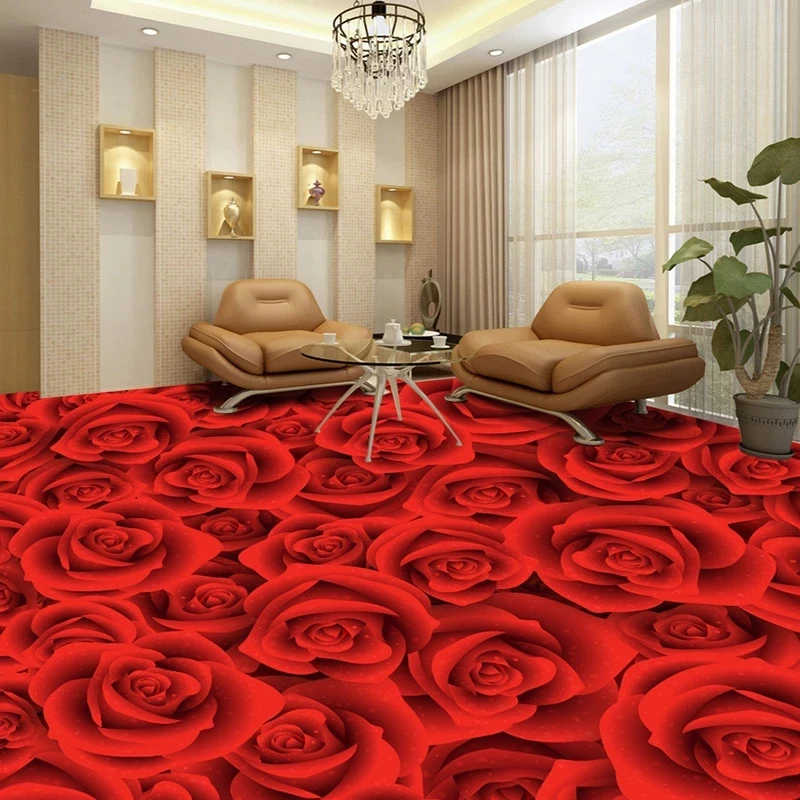 Custom 3D Floor Wallpaper Red Rose Flower Living Room Bedroom Bathroom Sticker Self-adhesive Mural Waterproof papel DE parede