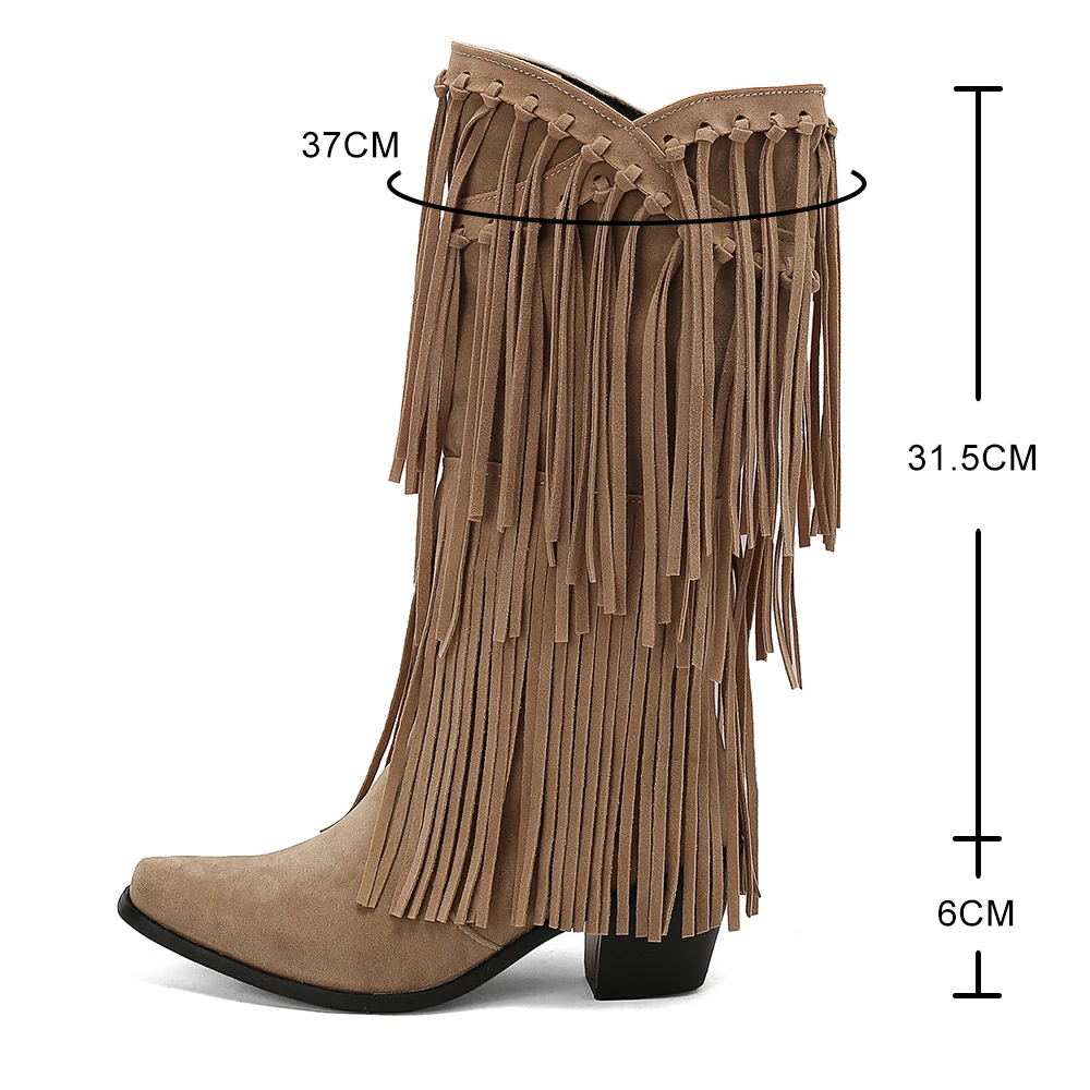 Large Size 45 Women Retro Ethnic Western Cowboy Boots Block Medium Heels Tassel Fringe Kneehigh Boot Lady Winter Shoes Free ship