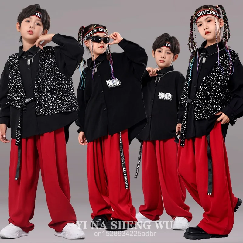 Hip Hop Boys Clothes Jazz Performance Outfit Girls Black Shirt Red Pants Model Runways Show Kids Cool Street Dancewear