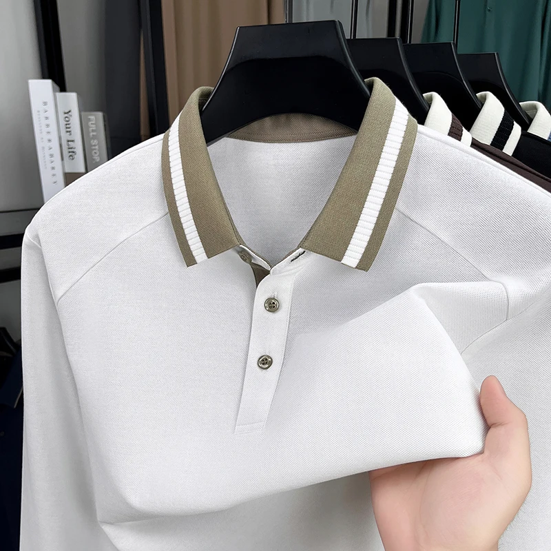Premium silk cotton men's long sleeve polo shirt fashion decoration unique color blocking lapel T-shirt spring autumn luxury top