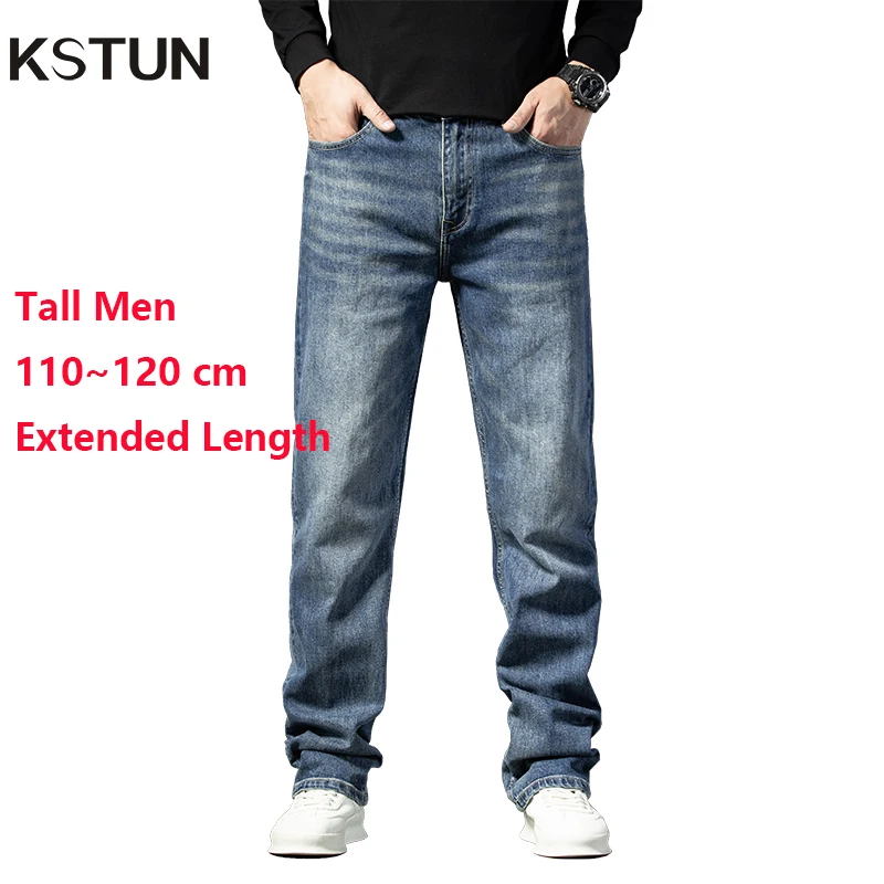 

KSTUN Men Jeans Extended Length Jeans For Tall Man Streetwear Slim Straight Stretch Men's Trousers Denim Pants Extra Long Jeans