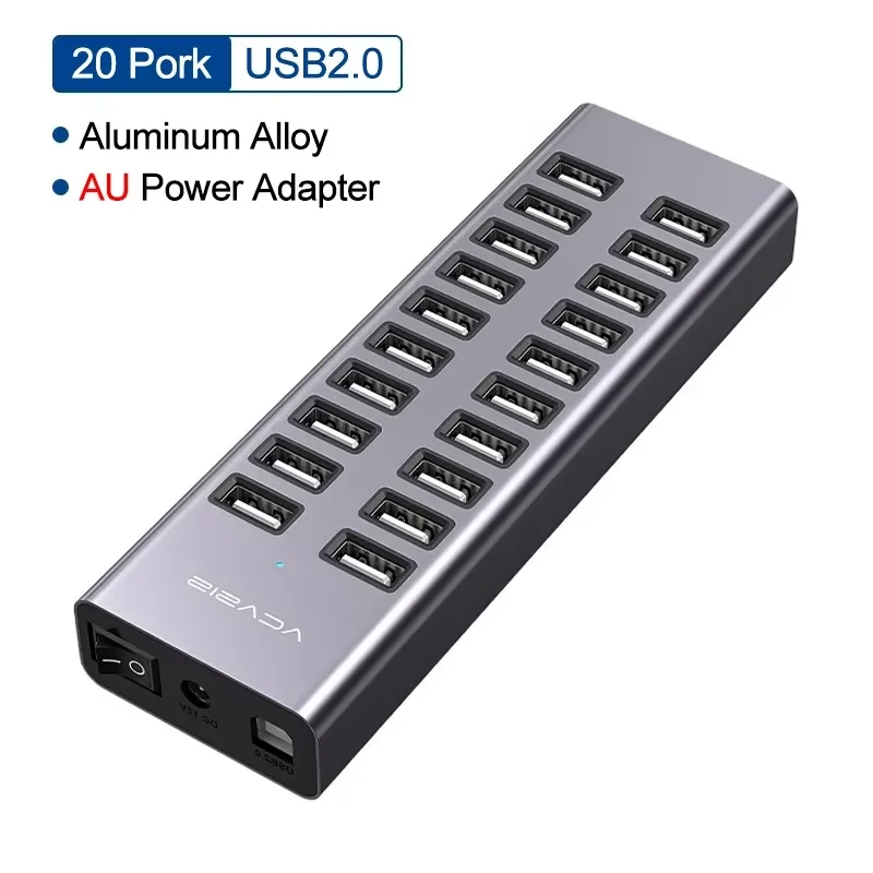 Acasis USB HUB 20-poorts gevoede USB hub van aluminium, multi USB 2.0 hub, snelle dataoverdracht, oplader splitter met 96W stroomadapter