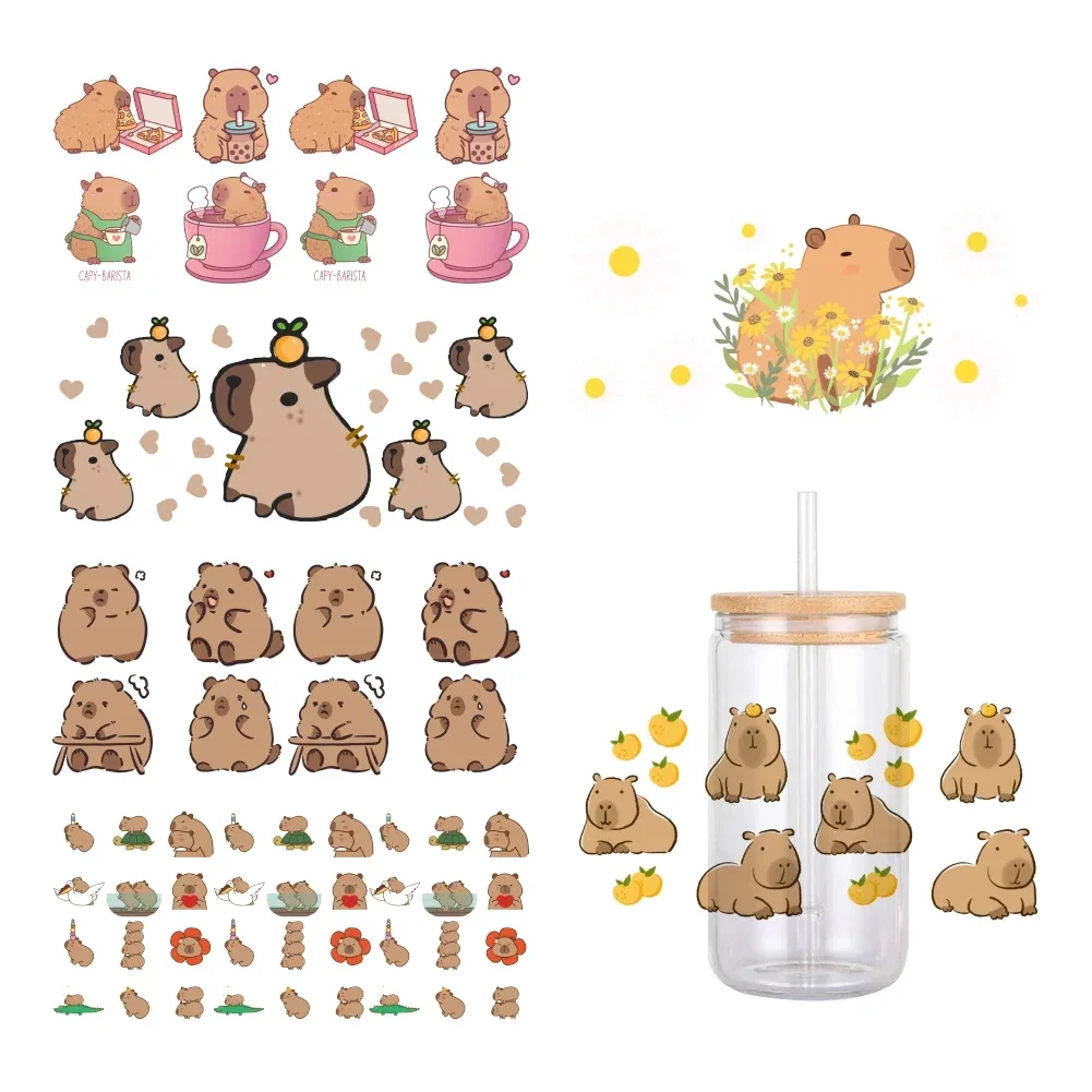 Cartoon Animals Capybara Pattern UV DTF Transfer Sticker Waterproof Transfers Decals For 16oz Glass Cup Wrap Stickers