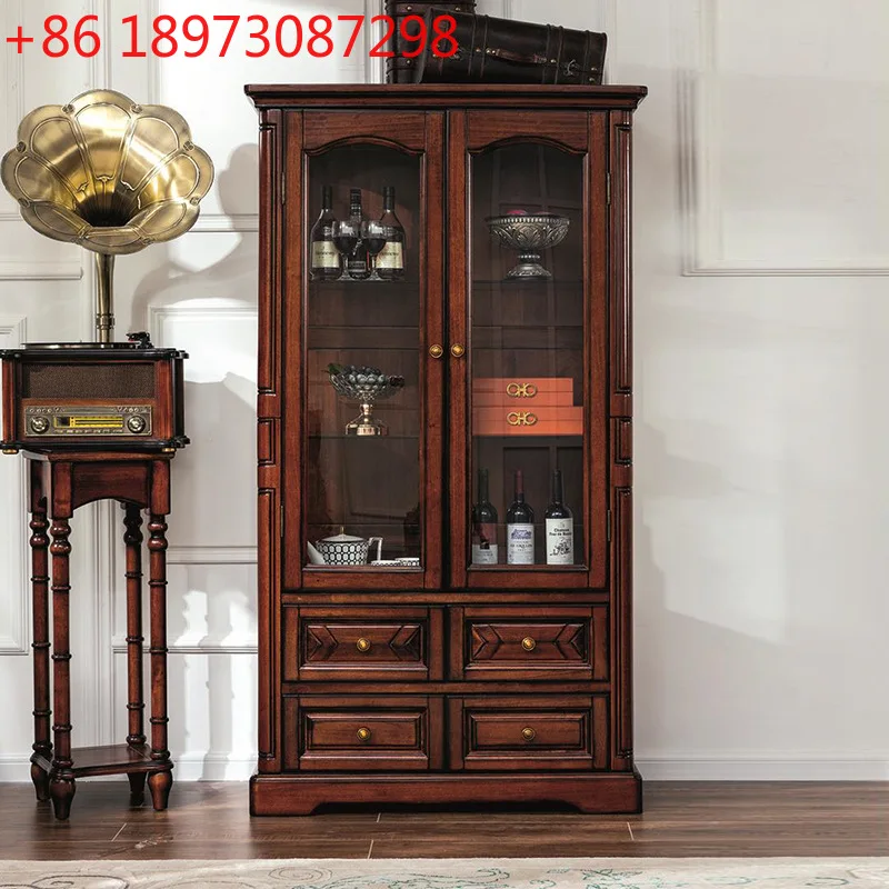 

American all-solid wood wine cabinet dining side living room double door display storage cabinet