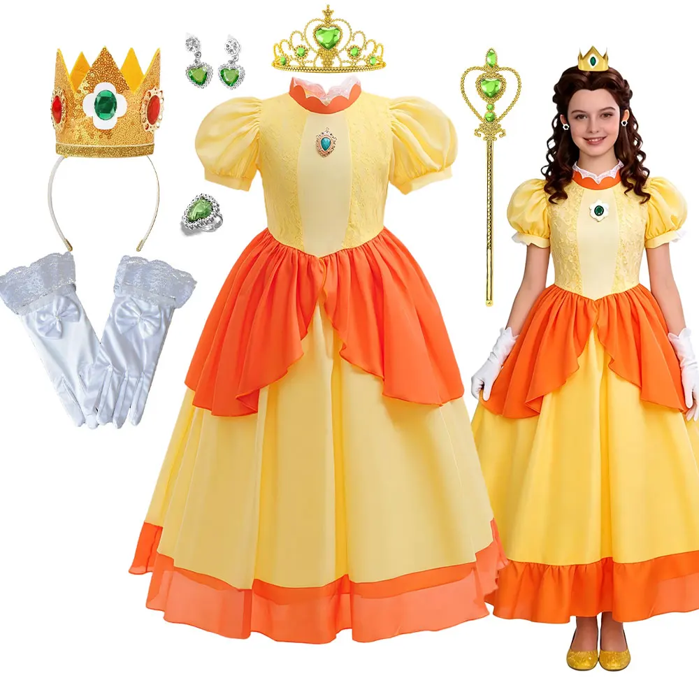 Girl Yellow Lace Princess Dress Daisy Role Play Peach Costume Plumber Partner Adventure Galaxy Movie Cosplay Apparel Ball Gown