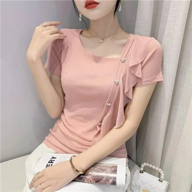 Women's Summer New Fashion Commute Solid Spliced Sequined Ruffles Irregular Skew Collar Button Slim Short Sleeve T-shirts Tops