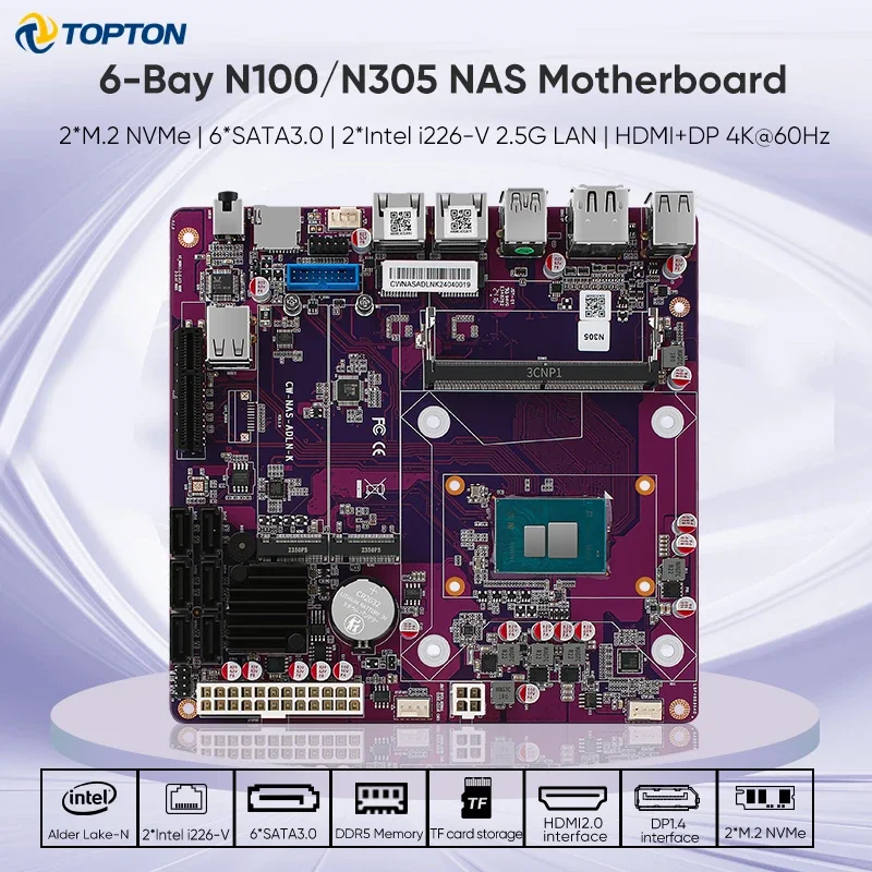 6-fach i3-N305 n100 nas Motherboard 1 * pciex4 2 * intel i226-v 2,5g 2 * m.2 nvme 6 * sata 3,0 1 * ddr5 Firewall Router Mini Itx Mainboard