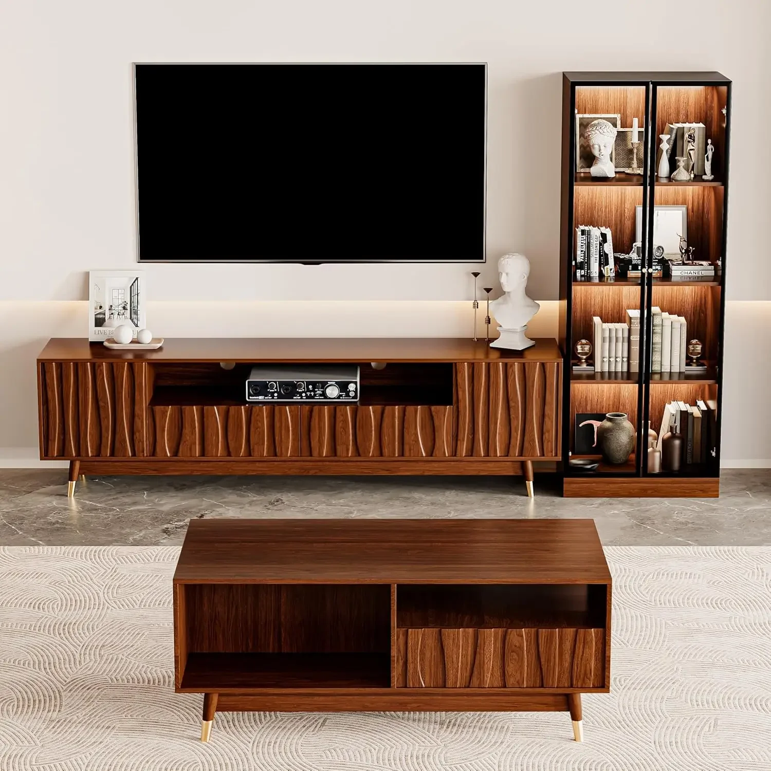 

Мультимедийный центр в стиле Mid-Century Modern: тумба под ТВ, стеклянный шкаф, журнальный столик, отделка под орех, подходит для ТВ 75-85 дюймов