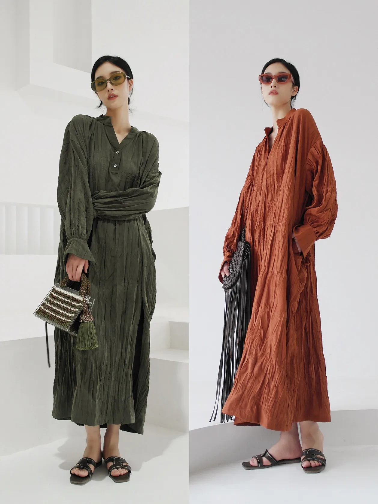 

TINNTINN Traditional Hand-Twisted Velvet Dr l Texture Pleated Loose Waist Rope-Bound Women's Dr Artistic Commute