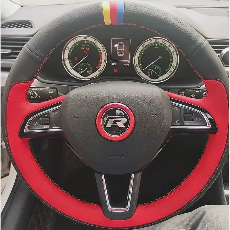 

Для Skoda Octavia 2015-2019 Fabia Kodiaq Superb Scala, сшитый вручную, черный, красный, из натуральной кожи, нескользящий чехол на руль автомобиля