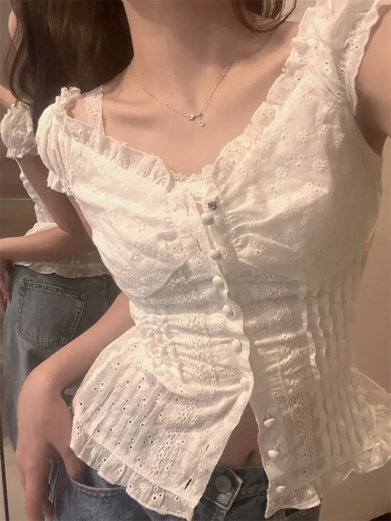 

Japanese Fashion Lace Up Sweet Blouse Women Sleeveless Square Neck Slim Fit Chic Tops New Elegant Casual Y2K Harajuku Clothes